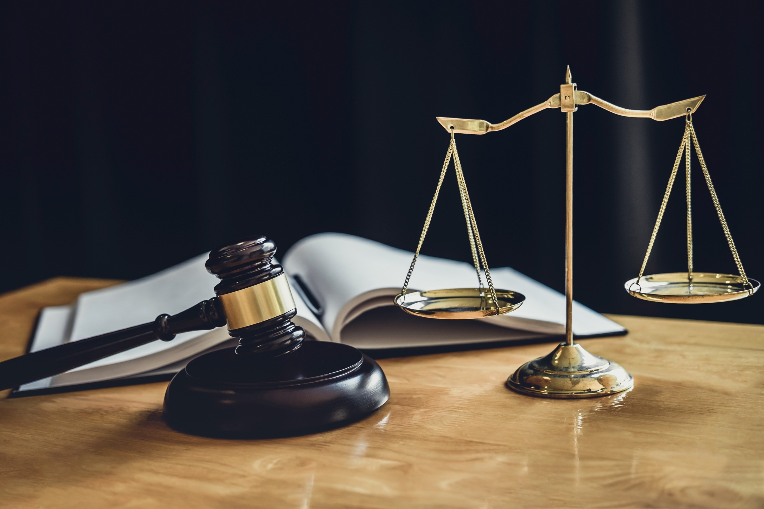 Judge gavel with Scale of justice, object documents working on t